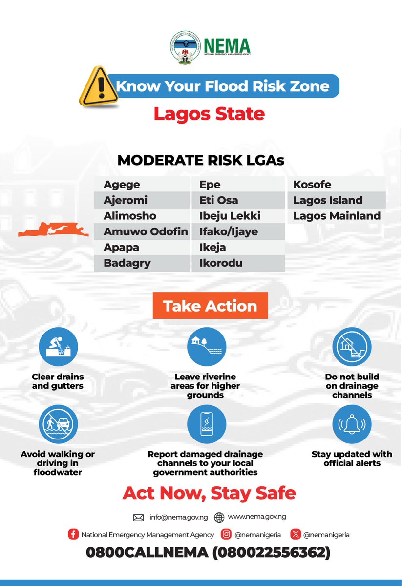 TheZubaidaUmar's tweet photo. 🚨Flood Outlook Alert

Rainy season is here, and many communities are at risk of flooding.

Get prepared. Take action. Stay safe.

#Lagos | #Enugu | #Kano https://t.co/3UjP469A8I