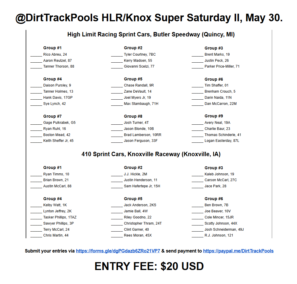 DirtTrackPools's tweet photo. HLR/Knox Super Saturday II, groups preview. https://t.co/PX4o2HUcH0