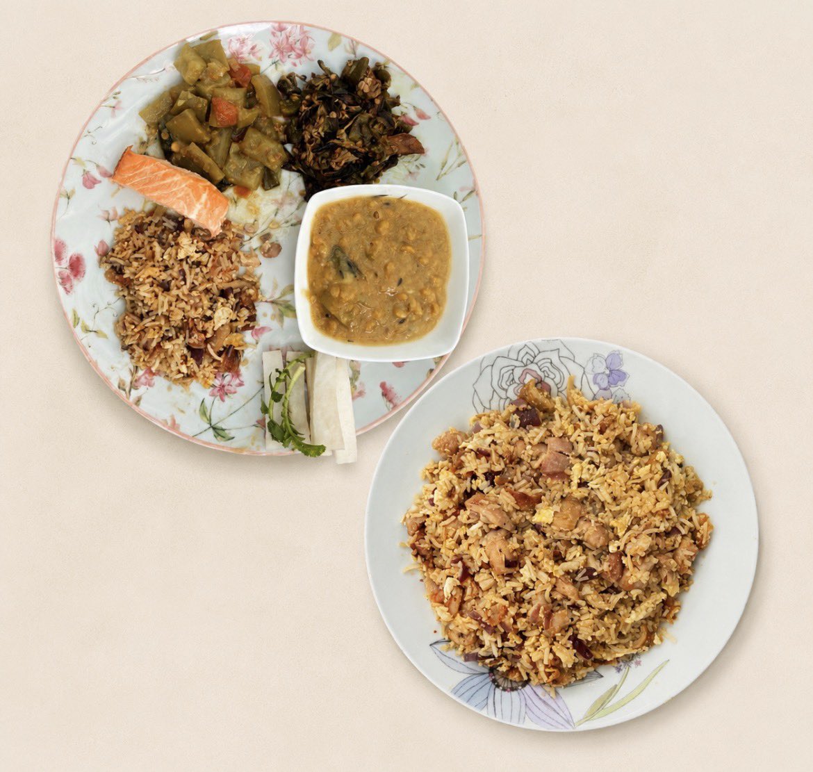 kandelnirmal's tweet photo. Do you know that combination of leftover food makes a fantastic recipe.

Our lunch: chicken-egg fried rice for our son, and the other plate is mine. (लौका, भिन्डी, दाल, सालमोन)

#KandelKitchen https://t.co/4509MaBuK3