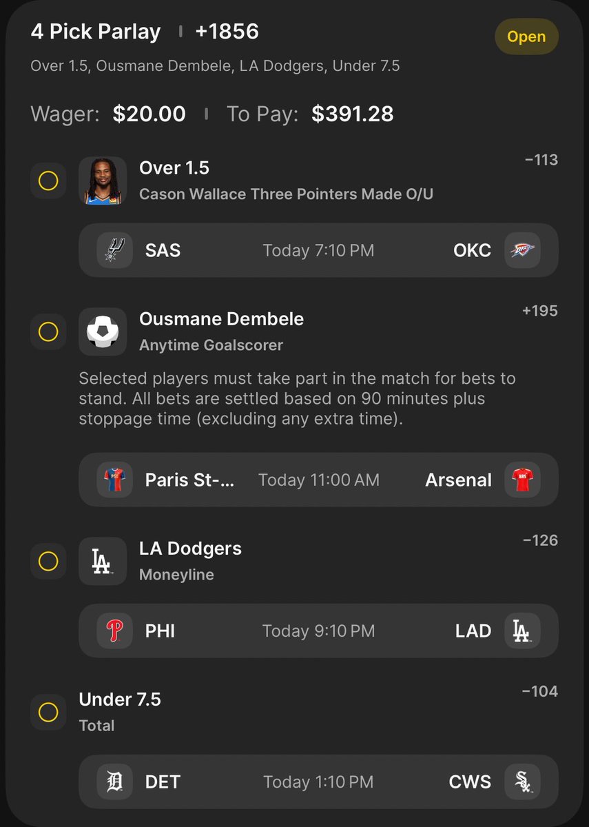 groupchatparlay's tweet photo. 🚨 The Absolute Don’t Play Parlay of the Day is in 🚨

Cason Wallace O1.5 Three Pointers Made
Ousmane Dembele Anytime Goalscorer
Dodgers ML
Tigers v White Sox U7.5 https://t.co/YPB1B6miRK