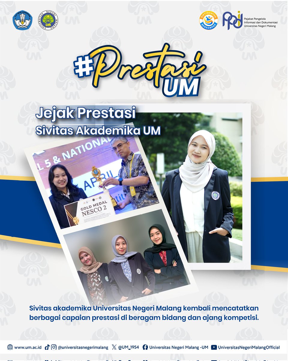 UM_1954's tweet photo. #PrestasiUM
Selamat dan sukses kepada para Mahasiswa UM atas capaiannya meraih berbagai prestasi yang luar biasa!ππ»
Semoga dapat terus menginspirasi dan mengharumkan nama kampus tercintaβ¨
#UM
#universitasnegerimalang
#ExcellenceInLearningInnovation
#KampusBerdampak https://t.co/f8TtYDaNey