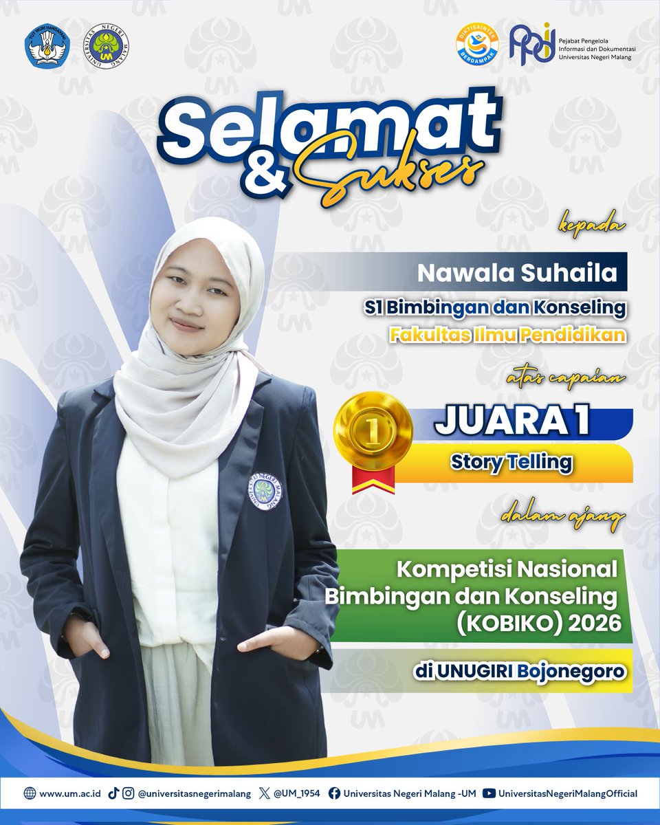 UM_1954's tweet photo. #PrestasiUM
Selamat dan sukses kepada para Mahasiswa UM atas capaiannya meraih berbagai prestasi yang luar biasa!ππ»
Semoga dapat terus menginspirasi dan mengharumkan nama kampus tercintaβ¨
#UM
#universitasnegerimalang
#ExcellenceInLearningInnovation
#KampusBerdampak https://t.co/f8TtYDaNey