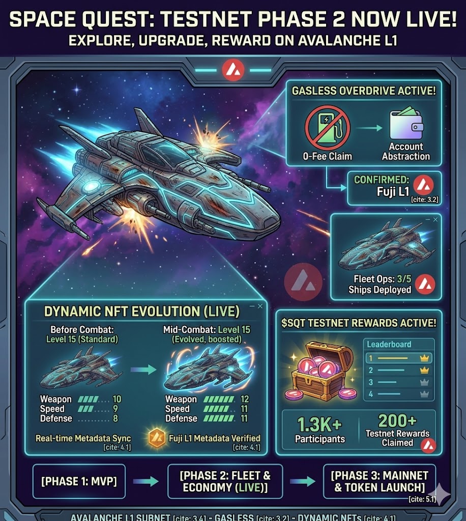 SpaceQuestHQ's tweet photo. We’re leveling up our ecosystem on Avalanche L1 Fuji Testnet with powerful gameplay &amp; backend upgrades: https://t.co/jBnz6rXtJI