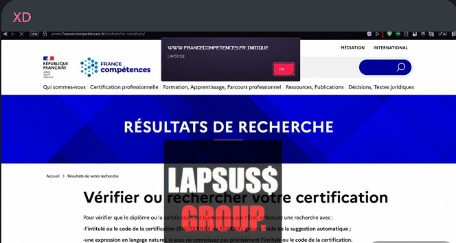 VECERTRadar's tweet photo. 🚨 🇫🇷 CYBER THREAT INTELLIGENCE ALERT: POSSIBLE THREAT AGAINST "FRANCE COMPÉTENCES"

⚠️ STATUS: SECURITY WARNING / POSSIBLE ATTACK PLANNING

Suspicious activity has been detected suggesting that the self-proclaimed group "Lapsus Back" (Lapsus$) may be planning an attack against the French public institution France Compétences.

🏢 Affected Entity: France Compétences (https://t.co/ROOsK94mpA).

👤 Threat Actor: Lapsus Back Group (Lapsus$).

📅 Date of Detection: May 30, 2026.

The evidence presented indicates a possible intrusion or proof-of-concept wherein the threat actor has managed to inject an alert into the interface of the institution's official website, signaling their presence or intentions via a pop-up window ("LAPSUS$"). This action typically precedes attempts at data exfiltration, website defacement, or larger-scale compromises of the affected infrastructure.

🛡️ Recommendations and Mitigation

Forensic Investigation: System administrators at France Compétences are advised to conduct an immediate review of access logs and web security configurations to rule out any active vulnerabilities.

Perimeter Hardening: Given the potential threat posed by this group, it is imperative to strengthen authentication protocols and enhance monitoring for unusual traffic on the institution's servers.

Integrity Validation: Verify the integrity of website files to ensure that no backdoors or malicious scripts have been inserted by the threat actor.

⚡ Strategic Monitoring Tools

Intelligence Platform: https://t.co/wk9bZJ2Nli

Security Verification: https://t.co/5LuqwzYuS6

#CyberSecurity #France #DataLeak #ThreatIntelligence #LapsusBack #LapsusGroup #CyberAlert #VECERT #BreachAlert