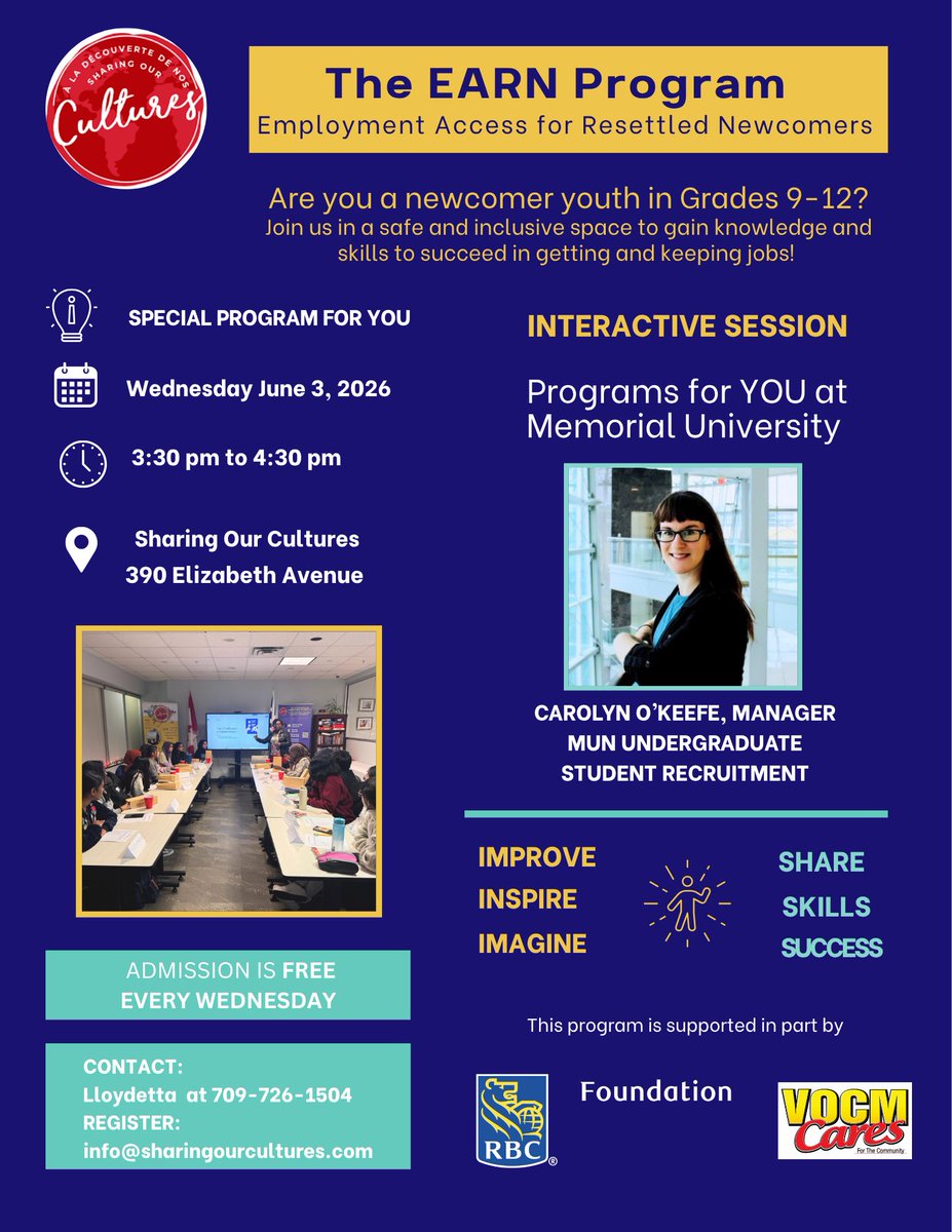 sharingcultures's tweet photo. Gr. 9-12 newcomers, find out about programs @MemorialU with Carolyn O’Keefe on Wed. June 3 at 3:30 pm at SOC, 390 Elizabeth Ave. @OCYANL @NLSchoolsCA @pdubcav @hhmoffice1 @EDU_GovNL @GonzagaVikings @RBC @NLTeachersAssoc @VOCMCares @JGRD_GovNL @CdnHeritage @Fortis_NA https://t.co/Lg3yslSEWs