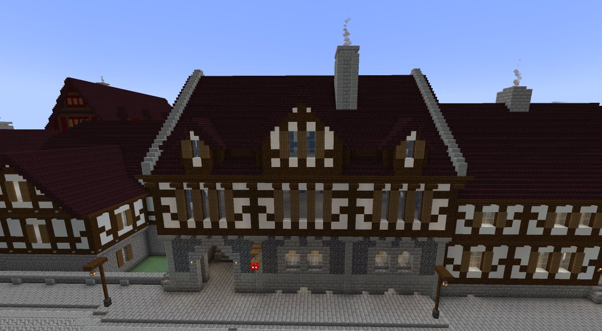 ligaderextrage1's tweet photo. Unser Nachbau der Woche befindet sich in der Fleischerstraße, direkt gegenüber des Hrabanklosters in Herrenstieg. Die Vorlage dafür war das Rathaus von Mansfeld in Sachsen-Anhalt. Bei uns ist das Gebäude das Zunfthaus der Fleischer. #Minecraft #MinecraftBuilds #MinecraftServer https://t.co/cij7d3dnCU
