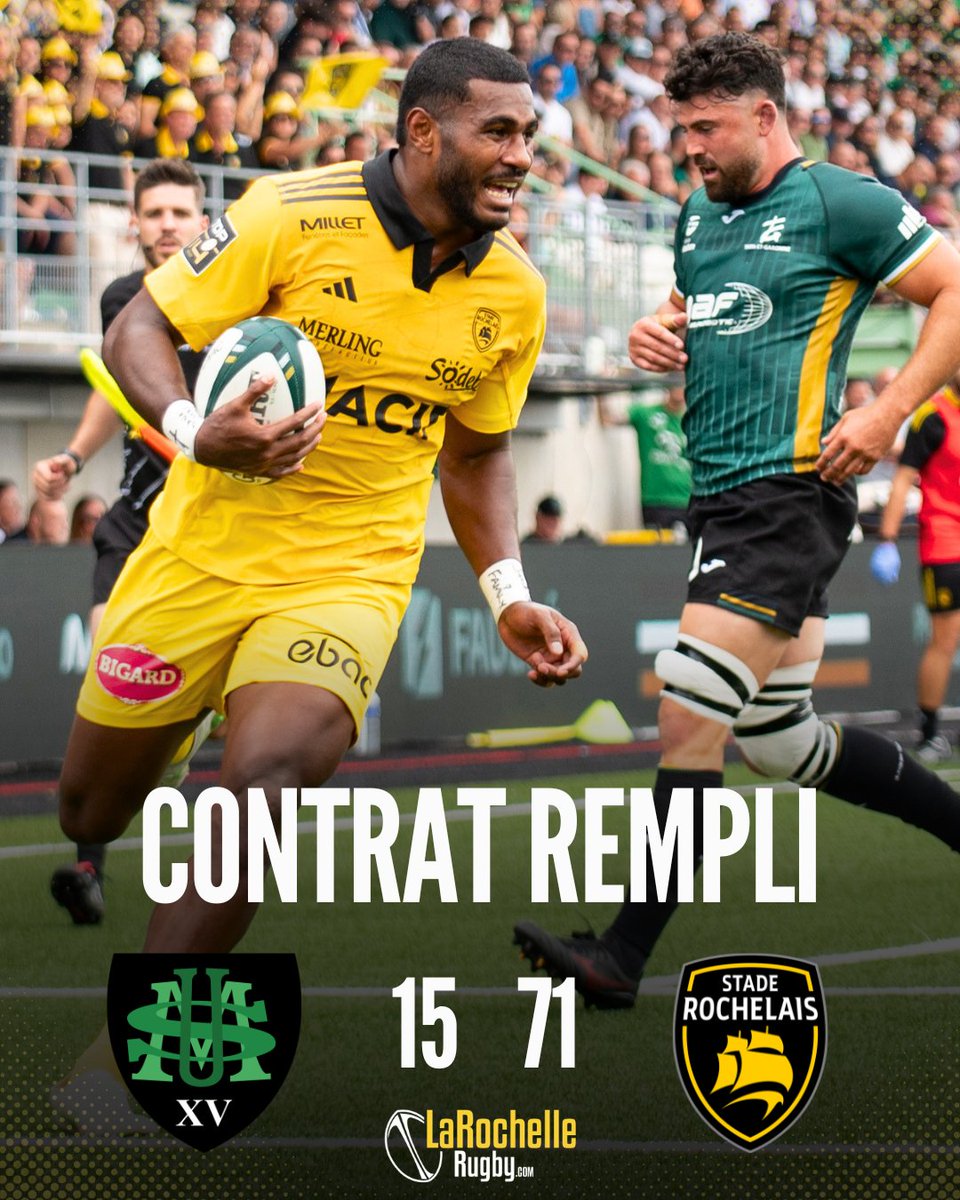 LaRochelleRugby's tweet photo. VICTOIRE 🟡⚫️ Le @staderochelais s'impose sur la pelouse de l'@UsmSapiacRugby ! 
👤 Votre debrief du match ? Les joueurs qui se sont illustrés ?
#FievreSR #USMSR https://t.co/rM1zwrhFJT