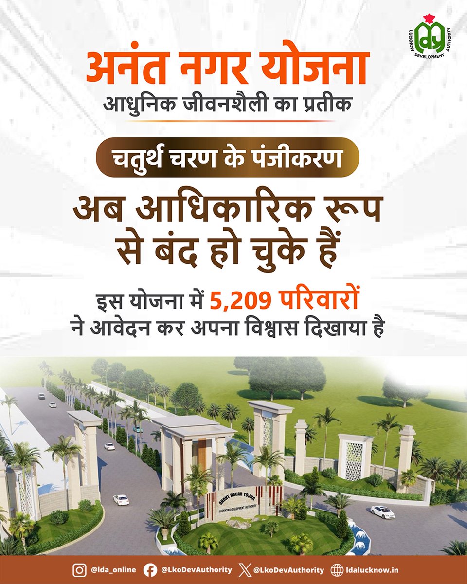 LkoDevAuthority's tweet photo. 5,209 परिवारों का विश्वास, एक मजबूत शुरुआत।
अनंत नगर योजना के चतुर्थ चरण के पंजीकरण अब बंद हो चुके हैं।
इस विश्वास के लिए आप सभी का धन्यवाद।
#AnantNagarYojana #RegistrationClosed #TrustedBy5209Families #LDAPlots #LucknowDevelopmentAuthority https://t.co/oFLBNXuasy