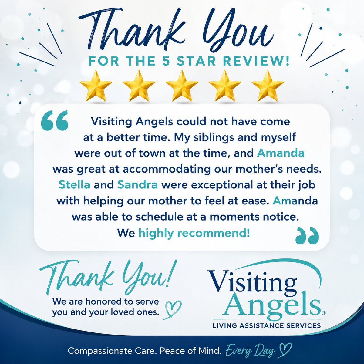 AngelsSpokane's tweet photo. Thank you for trusting us to care for your mother and for allowing our team to be there for your family during such an important time. 💙 #Visitingangelsspokane #CaregiversAreAwesome https://t.co/VLyVuHNccp