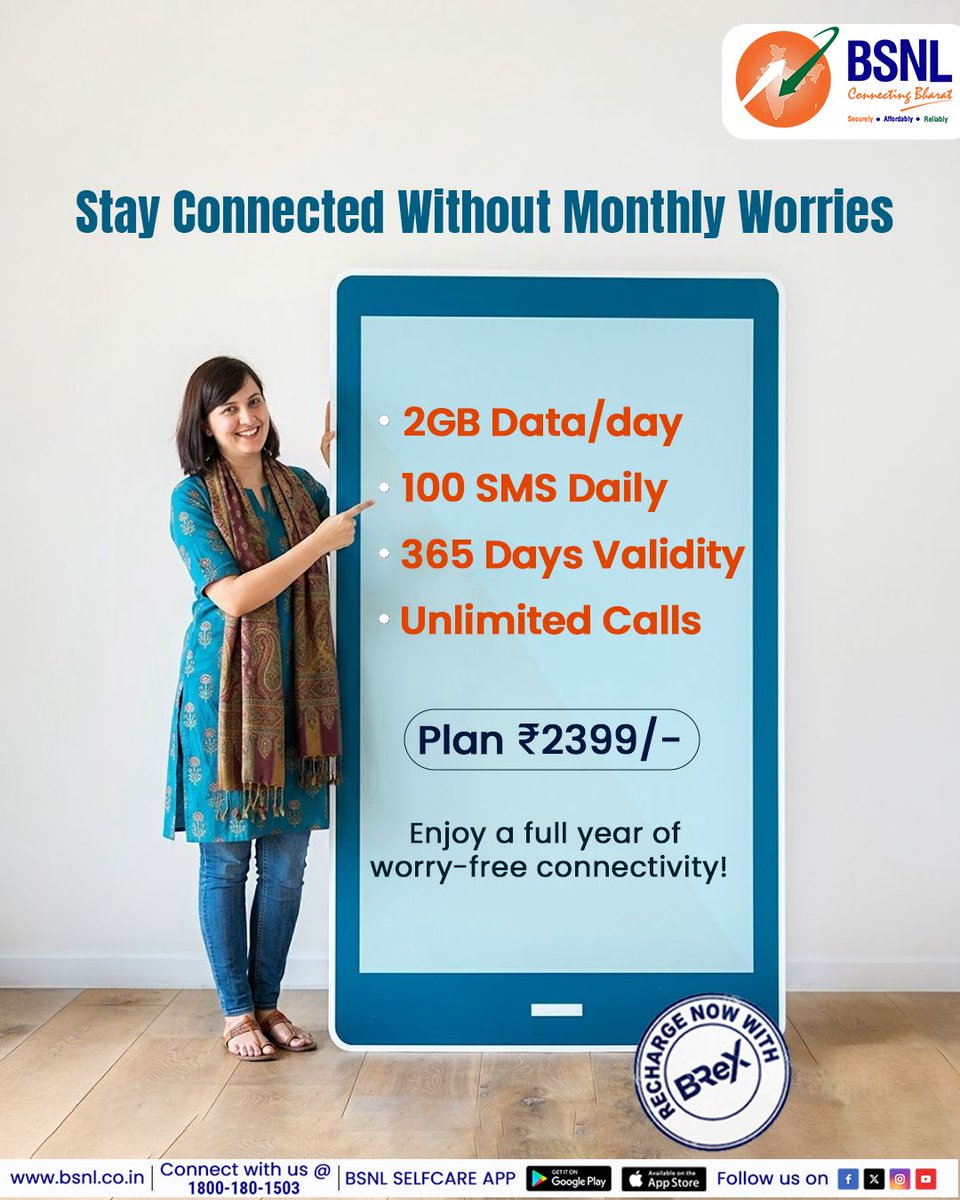 BSNLCorporate's tweet photo. One recharge. 365 days of uninterrupted calls, data, and peace of mind-only with BSNL ₹2399 Plan.

Recharge smart via #BReX
👉 https://t.co/tag6wTKljh

#BSNLIndia #StayConnected #InternetForEveryone #DigitalLife #IndiaOnline #BSNLServices #SmartIndia #EverydayConnectivity #2399plan #data @CMDBSNL @robertravi21