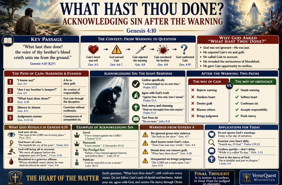 TNTJohn1717's tweet photo. 🚨‼️This chart shows that Genesis 4:10 is not just God asking Cain a question. It is heaven exposing hidden sin after warning was already given. It lays out the full progression from Cain’s rejected worship, to wrath, to God’s warning, to murder, and then to God’s piercing question, “What hast thou done?” In other words, the chart helps people see that sin does not disappear when a man hides it. God still sees it, God still hears the cry of innocent blood, and God still brings the sinner face to face with what he has done.

It also makes the practical point that there are really two paths after warning comes. Cain’s path is hardness, denial, blame-shifting, and evasion. God’s way is acknowledgment, confession, responsibility, and mercy. So this chart is meant to help your followers understand that private sin is never truly buried, and that the right response to God’s confrontation is not to hide like Cain, but to agree with God, confess the truth, and seek cleansing while there is still time.