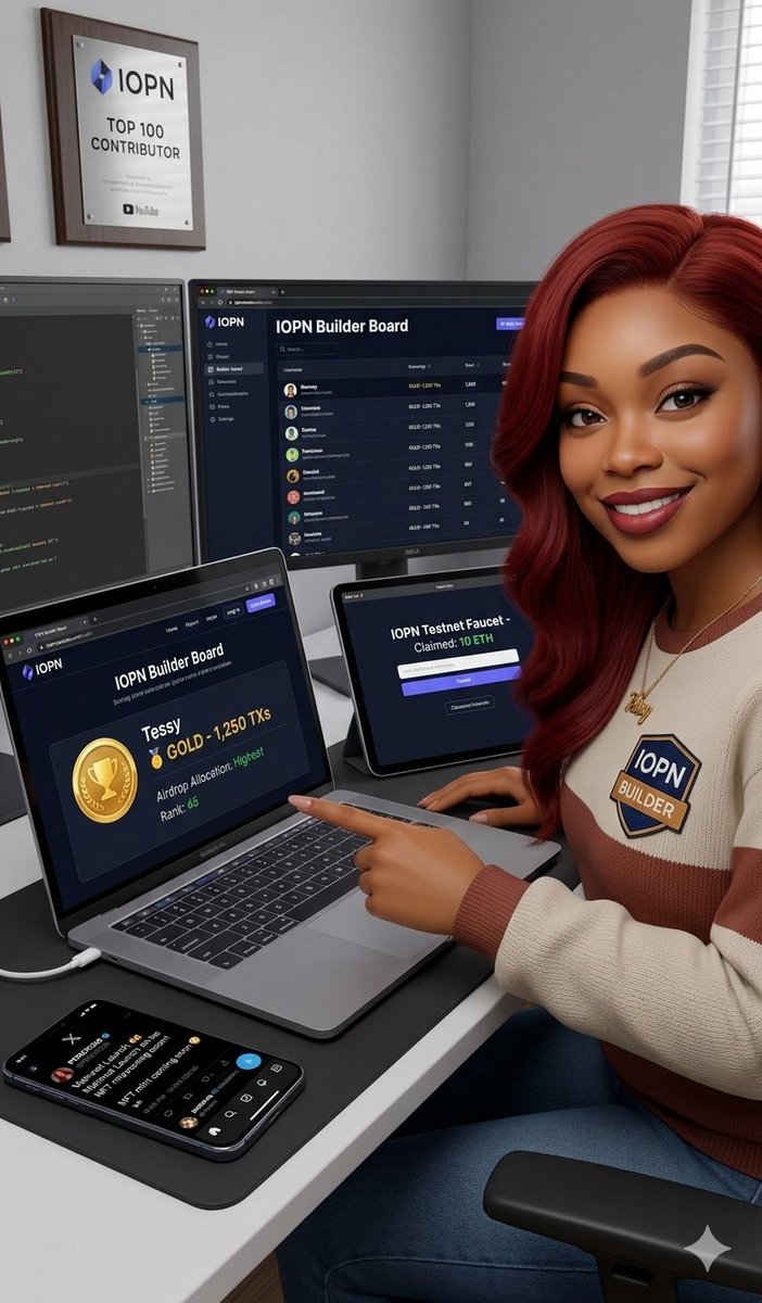 TessyWeb3's tweet photo. If you've been active on @IOPn_io  Testnet, you're already earning.

IOPN Builder Board tracks your real on-chain transactions, assigns you a badge tier, and ranks you on a public leaderboard. Your badge tier directly determines your airdrop allocation at mainnet launch.

🔗 https://t.co/gIwcPpDhbW

How to participate:
• Connect your wallet on the site
• Hit "Check My Score" then "Claim Badge On-Chain" 
• Register as a builder and write your pledge to appear on the public leaderboard (recommended)

New to IOPN Testnet? Get free gas tokens at https://t.co/EfdTzwRZkY first.

Badge tiers:
🥇 Gold — 1000+ transactions (highest airdrop allocation)
🥈 Silver — 500+ transactions
🥉 Bronze — 100+ transactions
🌱 Newbie — below 100 transactions (still qualifies)

What's coming:
• Social quests launching soon
• The NFT mint will be at the conclusion of the quests, summarising your rank and serving as proof of participation. It will also serve as the reward credential for questers when IOPn hits mainnet.
• Token airdrop based on your NFT rank

The earlier you participate and the more active you are, the higher your badge and the better your position when mainnet launches. Don't sleep on this. 

If you want to get the updates fresh out of the oven:
Follow @IOPn_io 
Follow @PEROR250