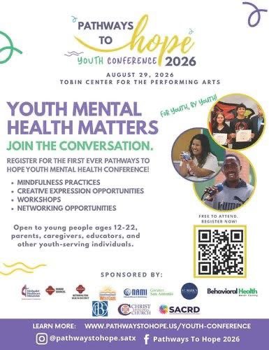 EISDFE's tweet photo. Join the first-ever Pathways to Hope Youth Mental Health Conference on 8/29/26 at the Tobin Center.

✨ Free to attend
✨ Workshops &amp; mindfulness activities
✨ Creative expression
✨ Networking &amp; connections

For youth, by youth. Register today and be part of the conversation! https://t.co/6xUA85fYLi