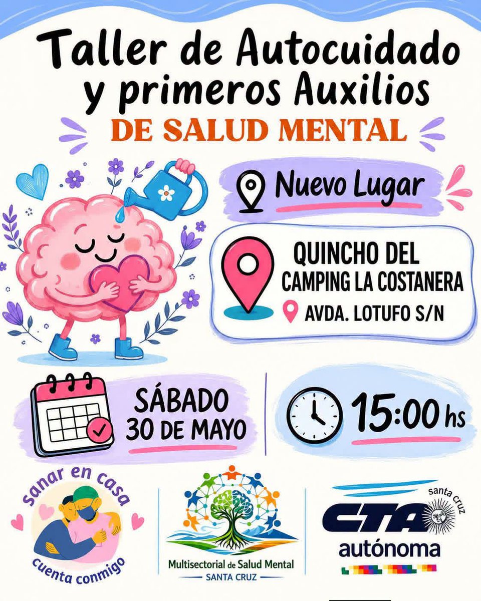 RaicesDigitalSC's tweet photo. 🧠🤝 Puerto Deseado será sede de un Taller de Autocuidado y Primeros Auxilios de Salud Mental.

📍 Sábado 30 de mayo | 15 hs 📍 Camping La Costanera

Convocan: Multisectorial de Salud Mental Santa Cruz, Sanar en Casa y CTA Autónoma Santa Cruz.

#PuertoDeseado #SaludMental https://t.co/SU0T2TP7Z7