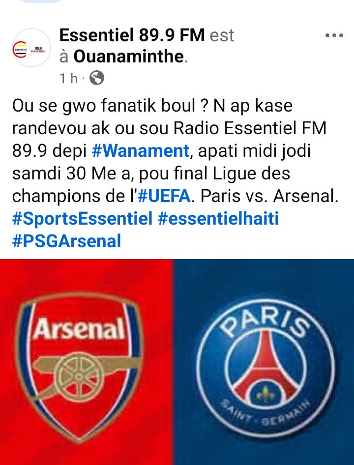 Essentielfm899's tweet photo. Randevou apati midi, jodi samdi 30 Me a, sou 89.9 la siw nan depatman nòdès #Ayiti. Si w pa pre w ap ka branche sou https://t.co/c1EPH3IbmY pou swiv final Ligue des champions #UEFA ant Paris vs. Arsenal. #PSGArsenal #sportsessentiel #essentielhaiti https://t.co/F5CaXkAMf6