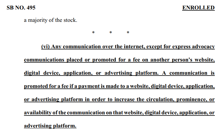 DavidLKeating's tweet photo. The Louisiana State Legislature just passed a bill that includes an internet exemption in its campaign finance laws, protecting #freespeech. It's patterned after the @FEC's internet exemption. https://t.co/5AeV24Fn4N