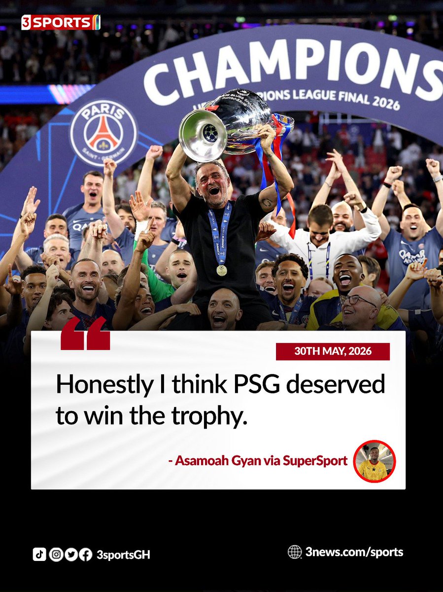 3SportsGh's tweet photo. Asamoah Gyan says PSG deserved to win the Champions League. 

#3Sports https://t.co/HQH2AXMqaw