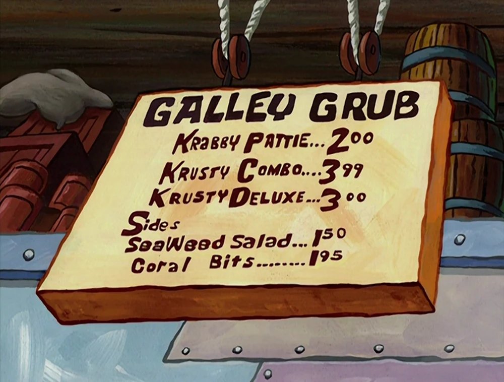 MiniP7's tweet photo. In the Bikini Bottom map featured in the SpongeBob DLC for Sonic Racing: CrossWorlds, the Krusty Krab's Galley Grub menu line up is taken from the Season 3 episode "Krusty Krab Training Video".
It even keeps the error in which Krabby Patty is misspelled as "Krabby Pattie." https://t.co/y115L27Vr7