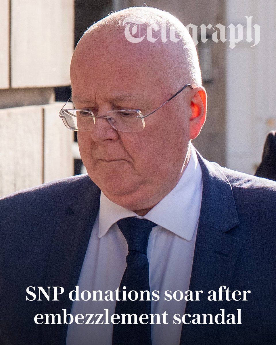 Telegraph's tweet photo. SNP supporters have increased donations to the party in the week after Nicola Sturgeon’s estranged husband admitted to stealing money to fund his spending spree.

🔗: https://t.co/Hv9Q5C21Ab https://t.co/JJYKp5rxPr