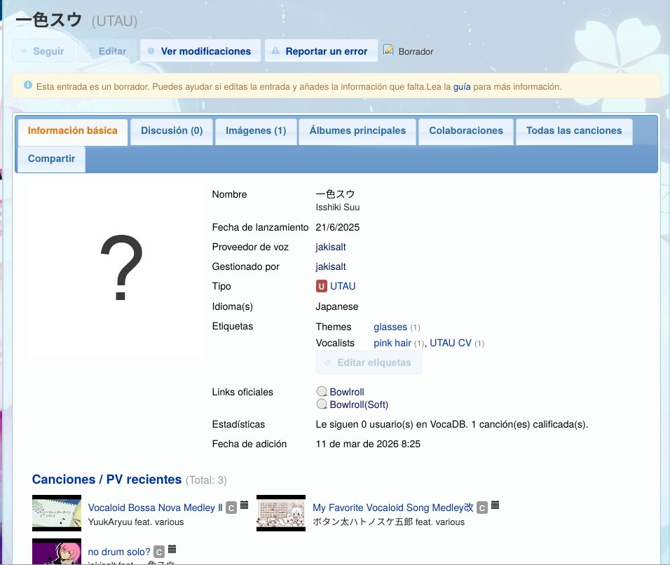 jakisalt's tweet photo. Holy shiii i just found out someone has already made a vocadb entry about Suu OMG (it's still a draft though)

Also the entry about me was updated and it now has the "cover artist" and "UTAU voicer and manager" tags along with other new info :) https://t.co/8x0L3Rc2td