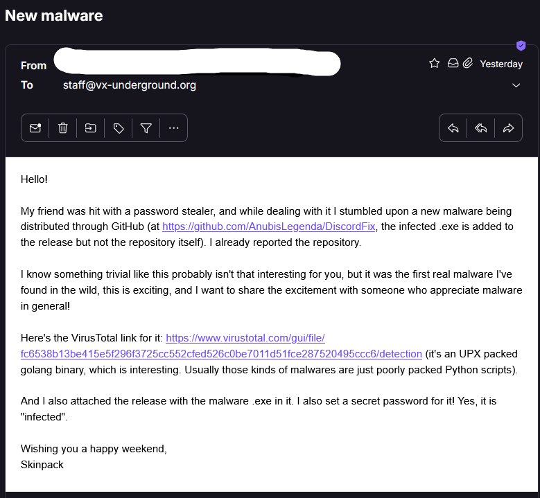 vxunderground's tweet photo. This is beautiful.

The kids are finding FREE MALWARE and understand the beauty of free malware.

Thank you, Skinpack. https://t.co/9hWH9W9s9G