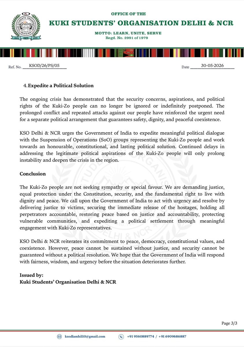 Sumkawn's tweet photo. KSO-Delhi and NCR hold a press conference supporting KIM's May 30 rally, calling for justice for 3 slain Kuki pastors, 14 hostages, and pushing for a Kuki-Zo political solution.
@ANI @PTI_News @MIB_India @NENowNews @IndiaTodayNE @NELiveTV @the_hindu @ThePrintIndia @thewire_in https://t.co/az8CSufYyr