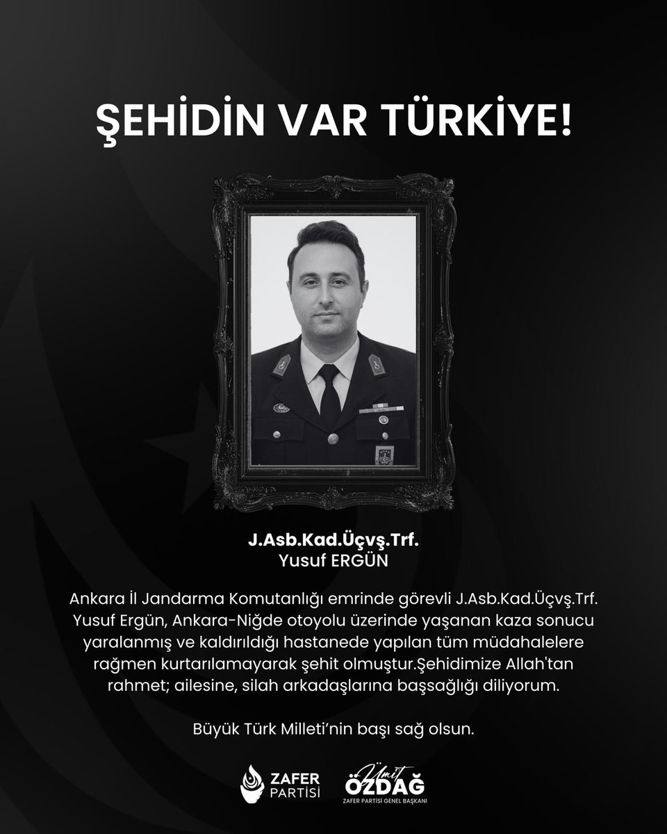 umitozdag's tweet photo. Ankara İl Jandarma Komutanlığı emrinde görevli Jandarma Astsubay Yusuf Ergün, Ankara-Niğde otoyolu üzerinde yaşanan kaza sonucu yaralanmış ve kaldırıldığı hastanede yapılan tüm müdahalelere rağmen kurtarılamayarak şehit olmuştur.

Şehidimize Allah'tan rahmet; ailesine, silah arkadaşlarına başsağlığı diliyorum.

Büyük Türk Milleti’nin başı sağ olsun.