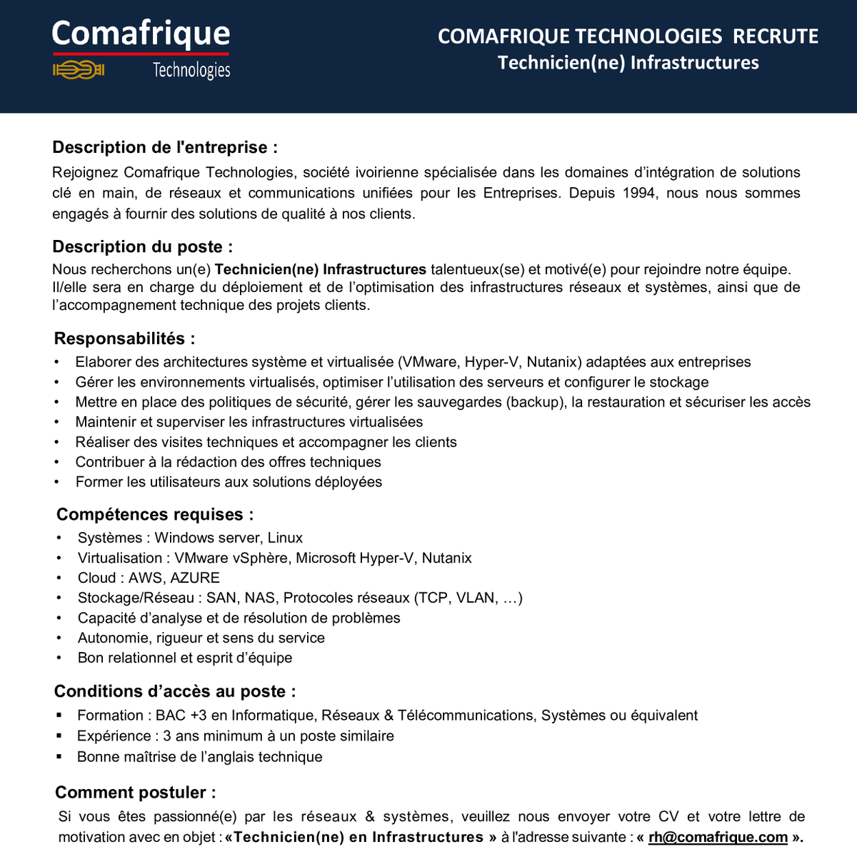 ComafriqueTec's tweet photo. Nous recherchons un(e) Technicien(ne) Infrastructures talentueux(se) et motivé(e) pour rejoindre notre équipe.

📧 Envoie vite ton CV + lettre de motivation à rh@comafrique.com
📝 Objet : Technicien(ne) en Infrastructures

#ComafriqueTechnologies #Recrutement #IT #Infrastructure https://t.co/d2s9GdCjpw