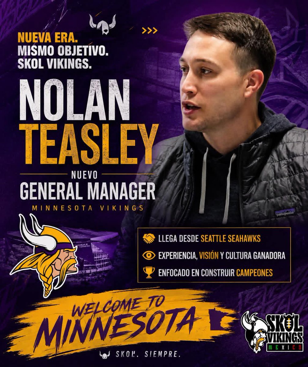 Skol_VikingsMex's tweet photo. Sí. De acuerdo con reportes publicados hoy, los Minnesota Vikings habrían anunciado a Nolan Teasley como su nuevo General Manager, poniendo fin a la búsqueda que inició tras la salida de Kwesi Adofo-Mensah en enero de 2026.  

Teasley llega procedente de los Seattle Seahawks. https://t.co/mGIvxt8jnc
