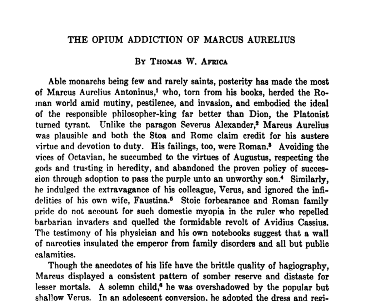 jasonwblakely's tweet photo. Of course, Augustine would've been unsurprised to learn that Marcus Aurelius—often held as the paragon of late Stoic leadership—was reported by his own physician as being dependent on daily doses of opioids. As in our own time Stoicism is closely linked to a kind of escapism https://t.co/Cpw0i4TIAZ