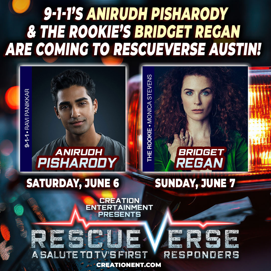 CreationEnt's tweet photo. We have some guest updates for RescueVerse: Salute to TV's First Responders Convention, coming to Austin on June 6-7!

Unfortunately, Ryan Guzman has to cancel the event, but we are excited to welcome Bridget Regan ("Monica Stevens" from The Rookie) and Anirudh Pisharody ("Ravi Panikkar" from 9-1-1) to the show!

Anirudh will be there on Saturday, and Bridget will be coming on Sunday, taking photos and signing autographs. PLUS, they both will be signing complimentary autographs for our Gold patrons!

For those with Ryan's photos, selfies and/or autograph ticket's, you will be refunded BEFORE the convention. If you purchased Ryan's trio with Oliver Stark and Gavin McHugh and/or any of the 9-1-1 cast photos, please see on-site registration for credits.

Get tickets here: https://t.co/wVUHXld1M6