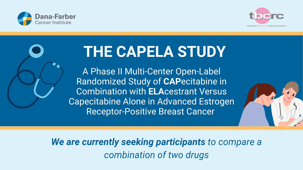 DFCI_BreastOnc's tweet photo. We are now enrolling to the #CAPELA study! This is a phase II multi-center open-label randomized study of #CAPecitabine in combination with #ELAcestrant versus capecitabine alone in advanced estrogen receptor-positive #BreastCancer.
To learn more about the #CAPELA study call 877-338-7425 or visit https://t.co/QR1kItzQBg
PI: @KristinaFanucci #MetastaticBreastCancer #MBC #ClinicalTrial #BreastCancerResearch