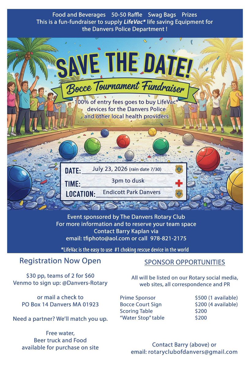 werdanvers's tweet photo. I am excited to welcome Danvers Rotary as a Silver Level Sponsor of We Are Danvers!

For generations, Danvers Rotary has been dedicated to making a positive impact in our community through service projects, scholarships, charitable giving, and support for local organizations. 

On July 23rd, the Rotary is hosting a Bocci Tournament fundraiser to raise funds for some life saving equipment for our Danvers Police Department.  More information on the flyer and on the We Are Danvers event calendar.

Thank you, Danvers Rotary, for helping make We Are Danvers possible!