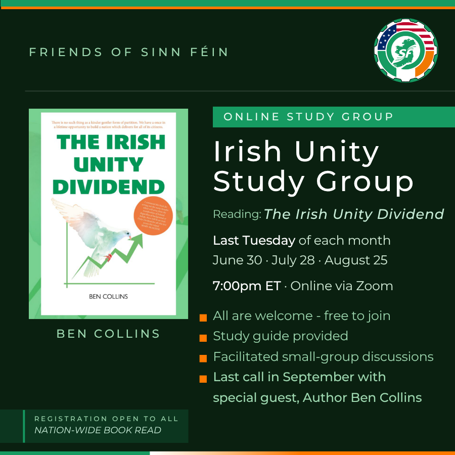 FOSFUSA's tweet photo. Irish Unity Study Group: join readers from all over the country in an online study group as we read &amp; discuss @bjacollins's The Irish Unity Dividend. Once a month - facilitated groups - all are welcome! Ben Collins joins last call in Sept! Sign up here:

https://t.co/QVOMvnwxF0 https://t.co/RPxDjUqV6q