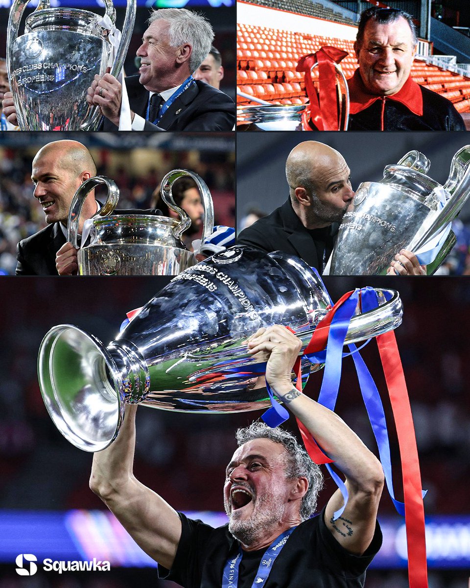 Squawka's tweet photo. Managers with the most European Cup/Champions League titles in European Cup history:

🏆🏆🏆🏆🏆 Carlo Ancelotti
🏆🏆🏆 Bob Paisley
🏆🏆🏆 Zinedine Zidane
🏆🏆🏆 Pep Guardiola
🏆🏆🏆 Luis Enrique

What a list. https://t.co/CI2xGedw0E