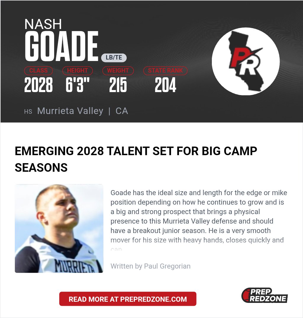 NASHGOADE's tweet photo. Looking forward to it- @PGregorian @PrepRedzoneCA @MVNighthawkFB 
#Hunttokill #Linebacker #2028 https://t.co/DU8HXKnqUz