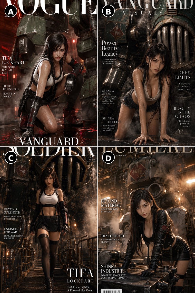 AIna_artmusic's tweet photo. Be honest 🤔

If you saw these Tifa magazine covers on the shelf… which one are you picking up first?. 👀🔥

Each one hits a different vibe:
A) battle queen
B) raw power
C) iconic soldier energy
D) high-fashion Shinra edition

I can’t lie… I’d probably grab all 4. 😮‍💨

Drop your pick below: A, B, C, or D?
And tell me why that one is your favorite 👇

#Tifa #TifaLockhart #FF7 #FinalFantasyVII #FinalFantasy #Gaming #AIart #GameArt #DigitalArt #Vogue #MagazineCover #Shinra #Mecha #AIna.