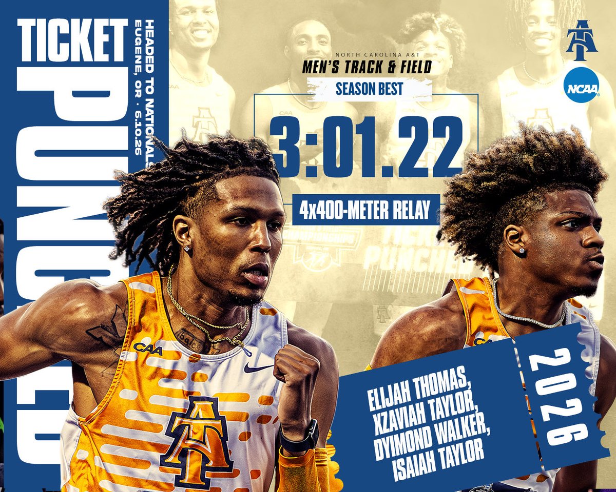 NCATAGGIES's tweet photo. Congratulations to the A&amp;T men’s relay teams on qualifying for NCAA Outdoor T&amp;F nationals. https://t.co/kbGtxHkhEP