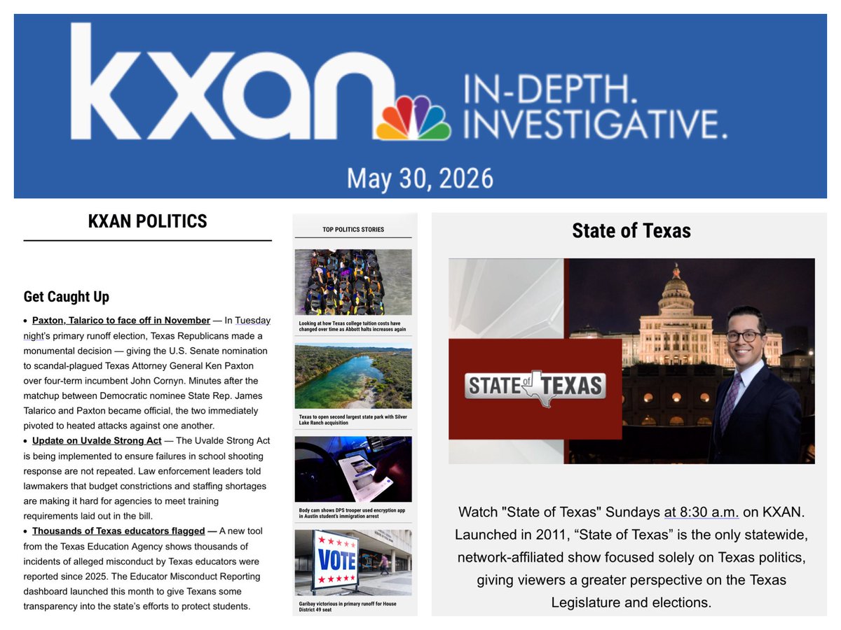 hinklej's tweet photo. A new edition of @KXAN_News’ Texas Politics Newsletter is out! Subscribe to future editions: https://t.co/UL5z9kLXFc 📰 #txlege https://t.co/B8J4KgixUq