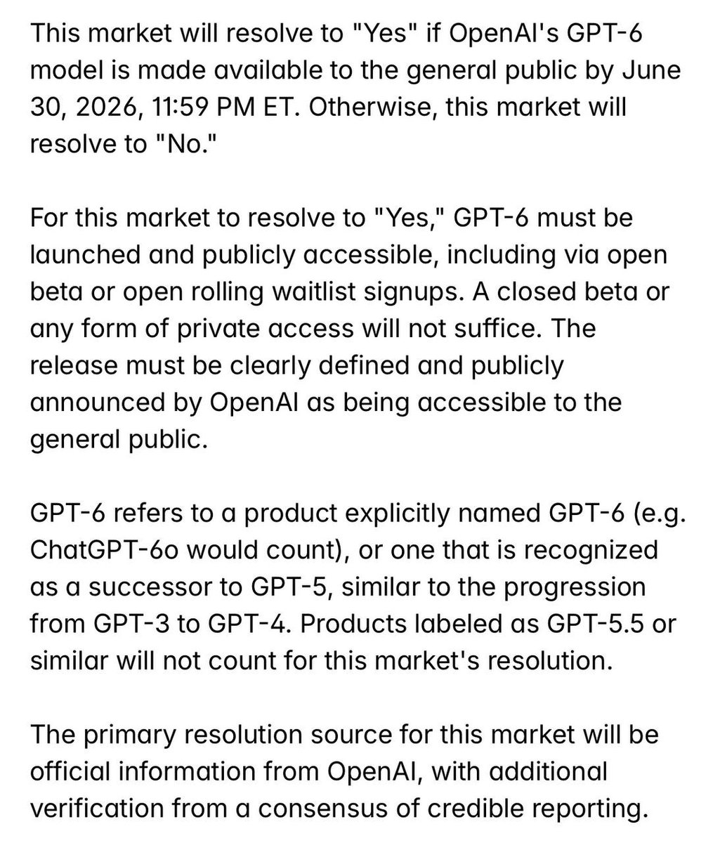 Vvtentt101's tweet photo. OpenAI is preparing a new sensation with GPT-6

GPT-6 hasn't been announced yet but I already know what's coming

Judging by the pace I expect a full release by end of 2026

What's waiting for us in the updated version:

>> No more forgetting. GPT-6 will remember your projects and style
>> Point your camera at a broken device the AI sees your hands and instructs you in real time
>>Agents arriving. Taxes, forms, real work without your involvement

OpenAI is in a hurry: ChatGPT growth slowed down, usage time dropped 22% by end of 2025

GPT-6 needs to show something impossible

@Polymarket gives these odds:
>> June 30 - 7% 
>> September 30- 45% 
>> December 31- 83%

I'd say they could present it in September but that's the best case scenario