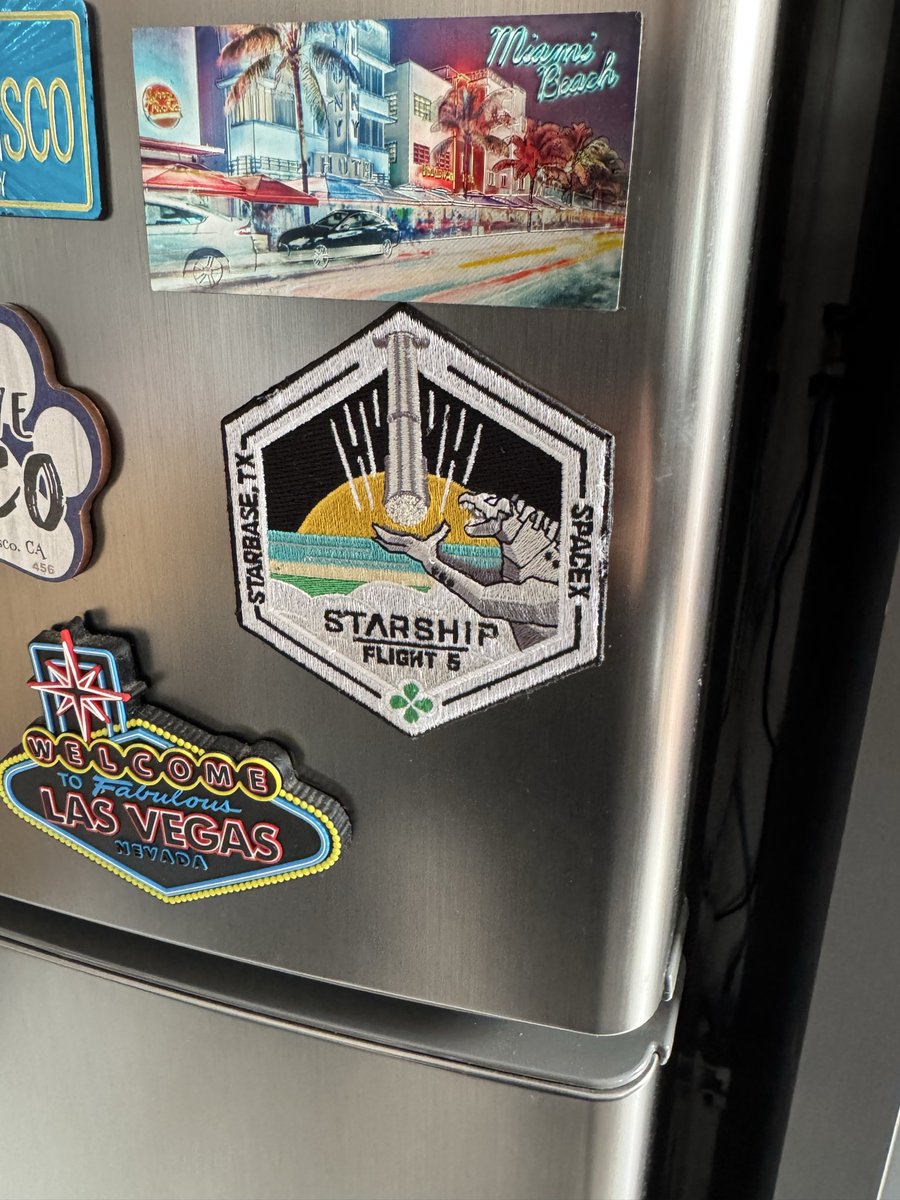 fael097's tweet photo. Still very proud of my flight 5 patch. My first and only rocket launch, and what a launch! Watching the first booster catch with the chopsticks ever from just a few miles away was wild. Definitely want to see the first ship catch! https://t.co/54gtUsMamC