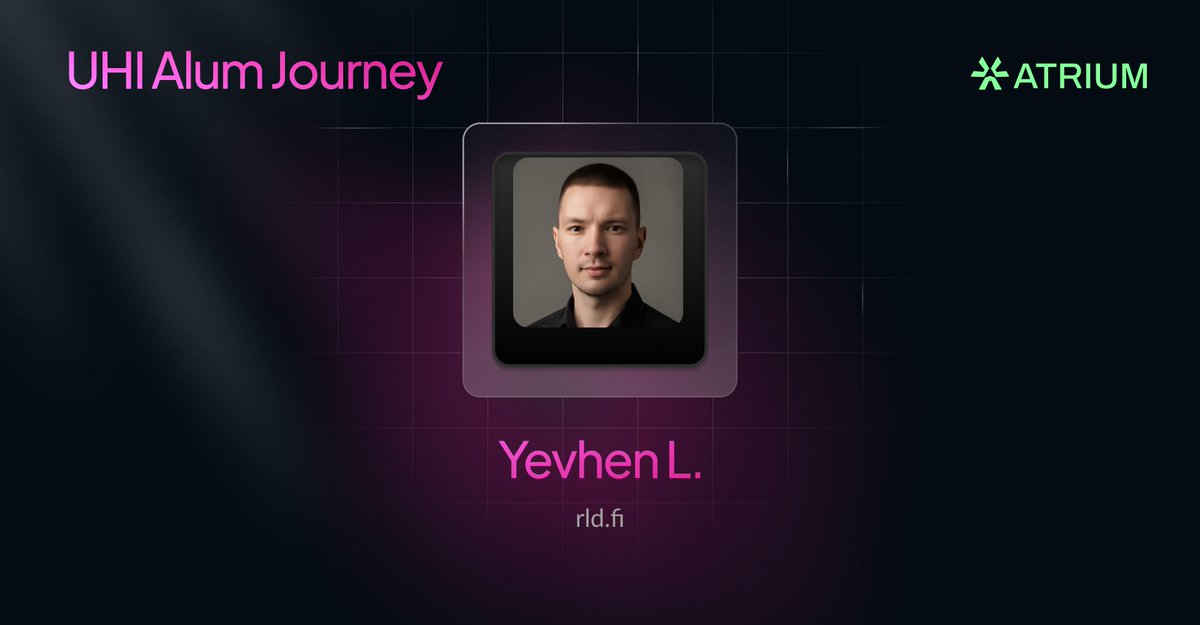 AtriumAcademy's tweet photo. UHI alum @yevhenx co-built @lumisfi_ : delta-neutral vaults with dynamic IL hedging on a v4 hook. Among the first 9 recipients of the Uniswap Foundation Security Fund.

Now building RLD, an interest rate swaps protocol powered by v4 hooks.

Where does your builder journey start? https://t.co/u5pZsrlx6B