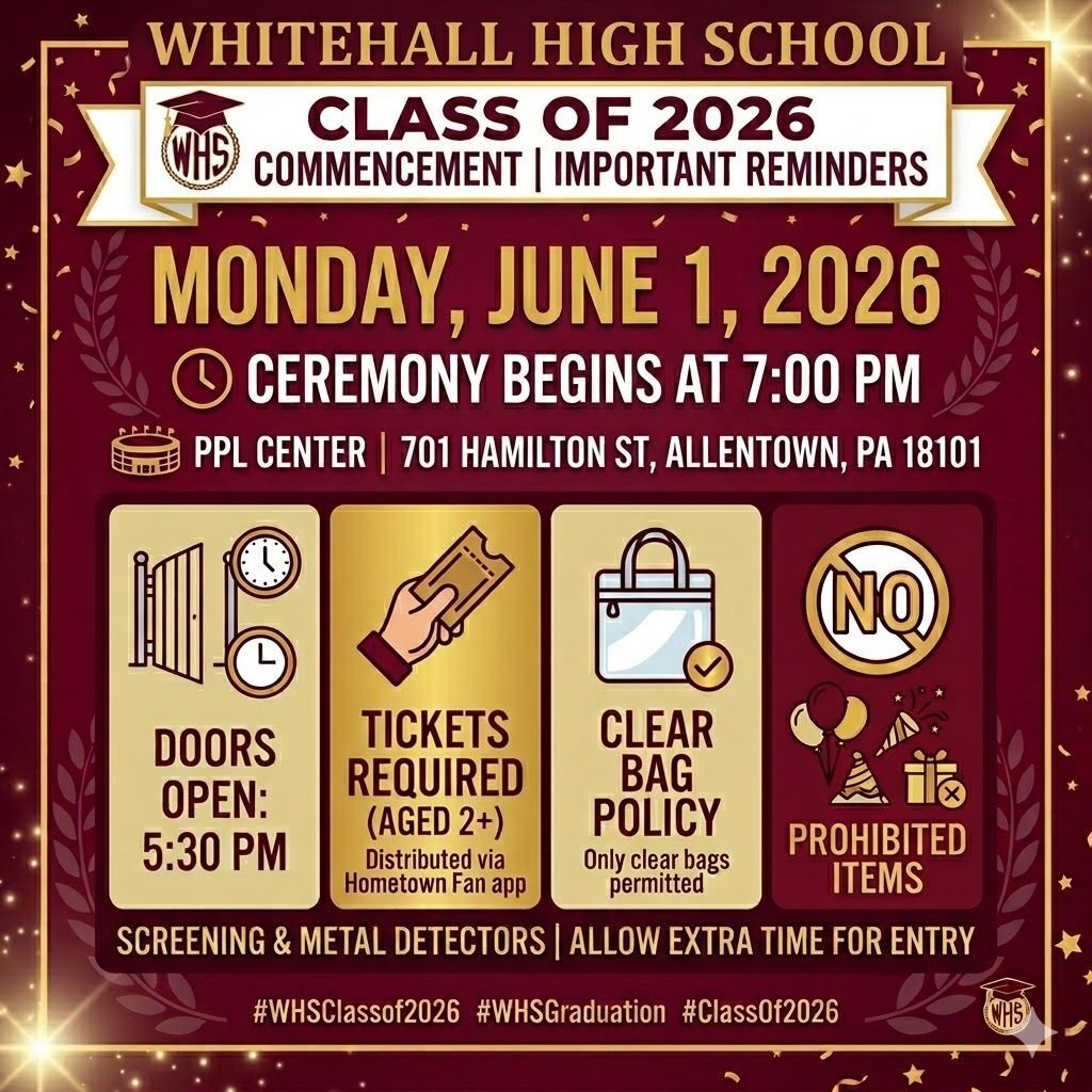 WCSDWHS's tweet photo. 🎓 The countdown is on, @wcsdzephyrs! 🚂 Class of 2026 Commencement is Monday, June 1 at 7PM at the PPL Center!
⏱️ Doors open at 5:30 PM. Arrive early for security!
🎒 Clear bag policy ONLY. No balloons/noisemakers.

#zephyrtough #wearezephyrs https://t.co/pQTuBjFOUD