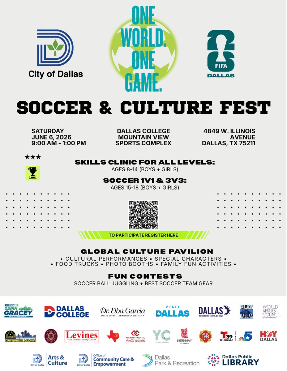 DallasParkRec's tweet photo. ⚽🌎 ONE WORLD. ONE GAME. 🌎⚽

Let's get FIFA ready! Bring the family out for a FREE community event full of youth soccer, culture, music, and fun! 

Every participating athlete will receive a fun giveaway and food! 

Register Here - - - https://t.co/zz959c7Bsn https://t.co/91KImByZ59