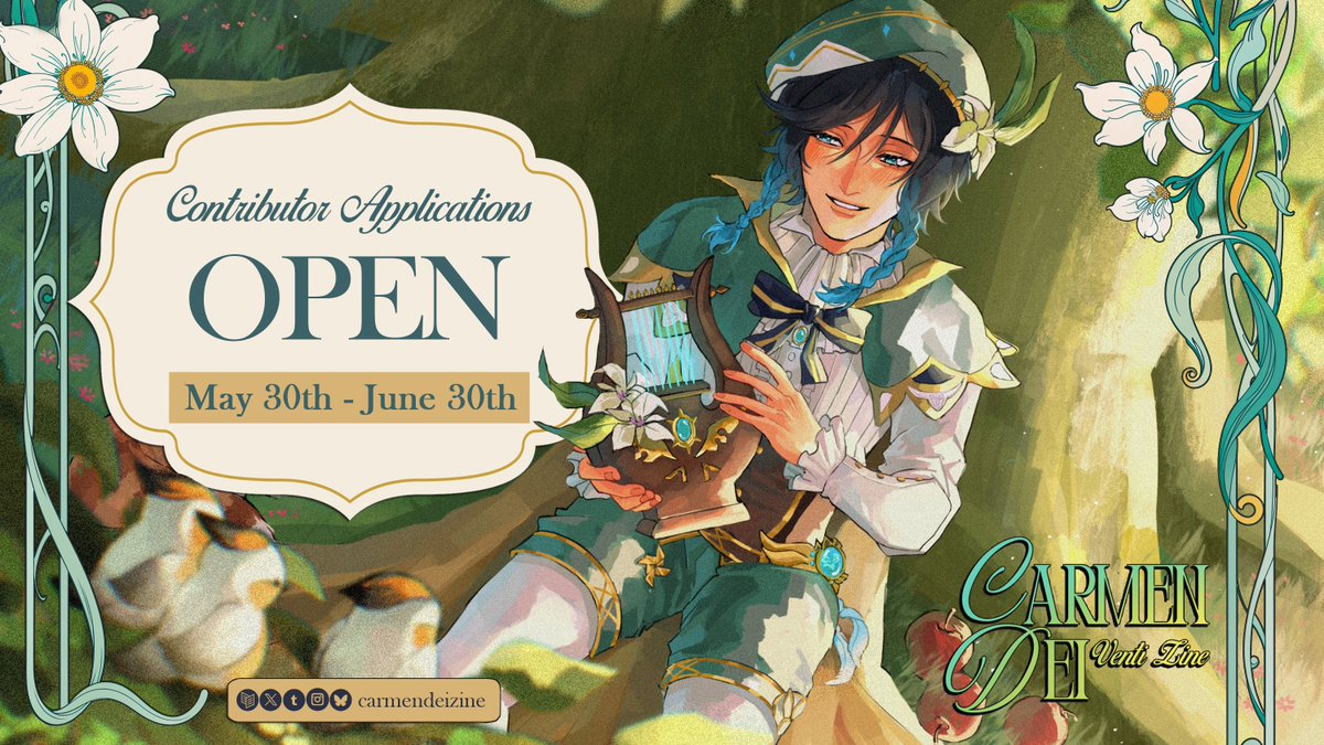 carmendeizine's tweet photo. Contributor Apps OPEN! 🍃

What a lovely day: perfect weather, birds singing, even wine tastes better than usual. And you know what makes this day even more special? Contributor Applications are OPEN until June 30!!

Check the forms below to apply now 👇

#Venti #GenshinImpact https://t.co/EmDK3y1x6N