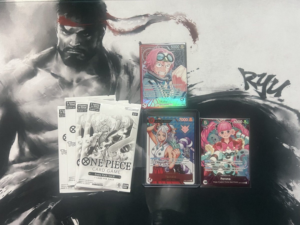 ABJitz's tweet photo. #OPTCG Extra Grand Battle @ Inventory (Guam)
I won 1st place w/ RB #Koby!!

R1 vs UP Luffy✅
R2 vs P Enel❌
R3 vs G Mihawk✅🎲 
R4 vs G Mihawk✅🎲 
R5 vs UY Nami✅

Tbh, I can’t believe I won! I went in w/ no expectations but wanting to do well w/ Koby! &amp; WE DID BAYBEE! GGs!!! https://t.co/jzuheH1ZzK