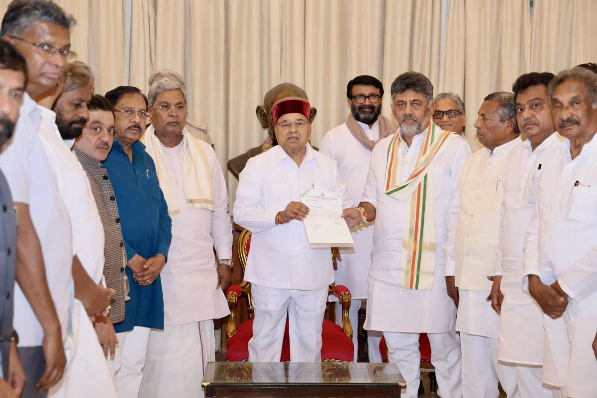TcGehlotOffice's tweet photo. Shri D.K. Shivakumar called on Hon’ble Governor Shri Thaawarchand Gehlot at Lok Bhavan today and staked claim to form the Government.

The Hon’ble Governor accepted the claim. The swearing-in ceremony will be held on 3 June 2026 at 4:05 PM at Lok Bhavan, Bengaluru. https://t.co/L16qJ1dVXX