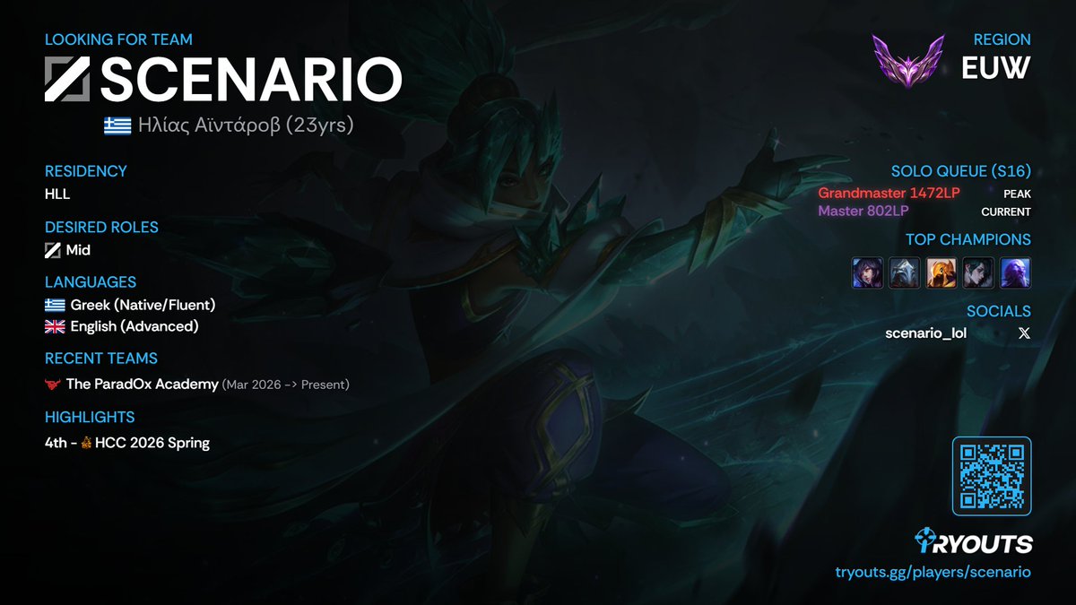Scenario_lol's tweet photo. hello everyone im free agent again for the summer split im looking for minor2 and major3, interested in any leagues https://t.co/o7nV9VUHBj