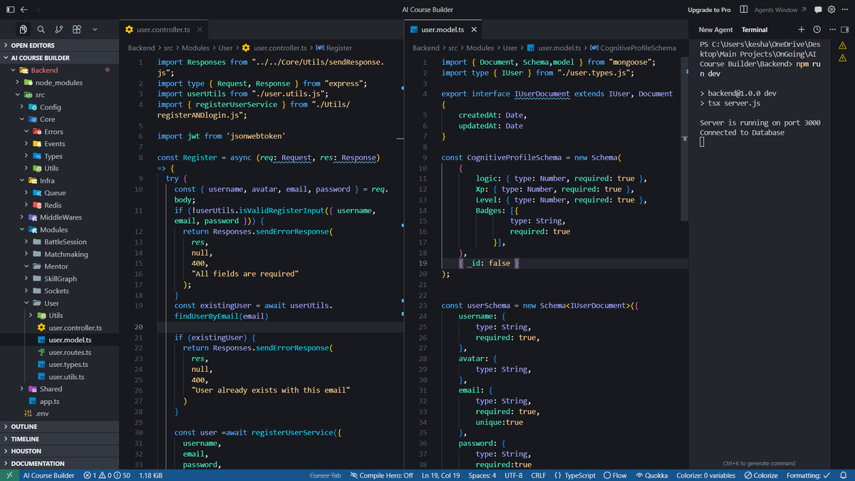 _keshav2008_'s tweet photo. Day 30/200: 
The TypeScript Rite of Passage 😤
Today's Progress:

1.Started AI battle Arena Project (thanks @ankurdotio bhaiyaa)

2.Started building something crazy
Created the userModel in TypeScript.
Built the registerController using TypeScript.

#200daysofcode #buildinpublic https://t.co/aqlxyMB8AI
