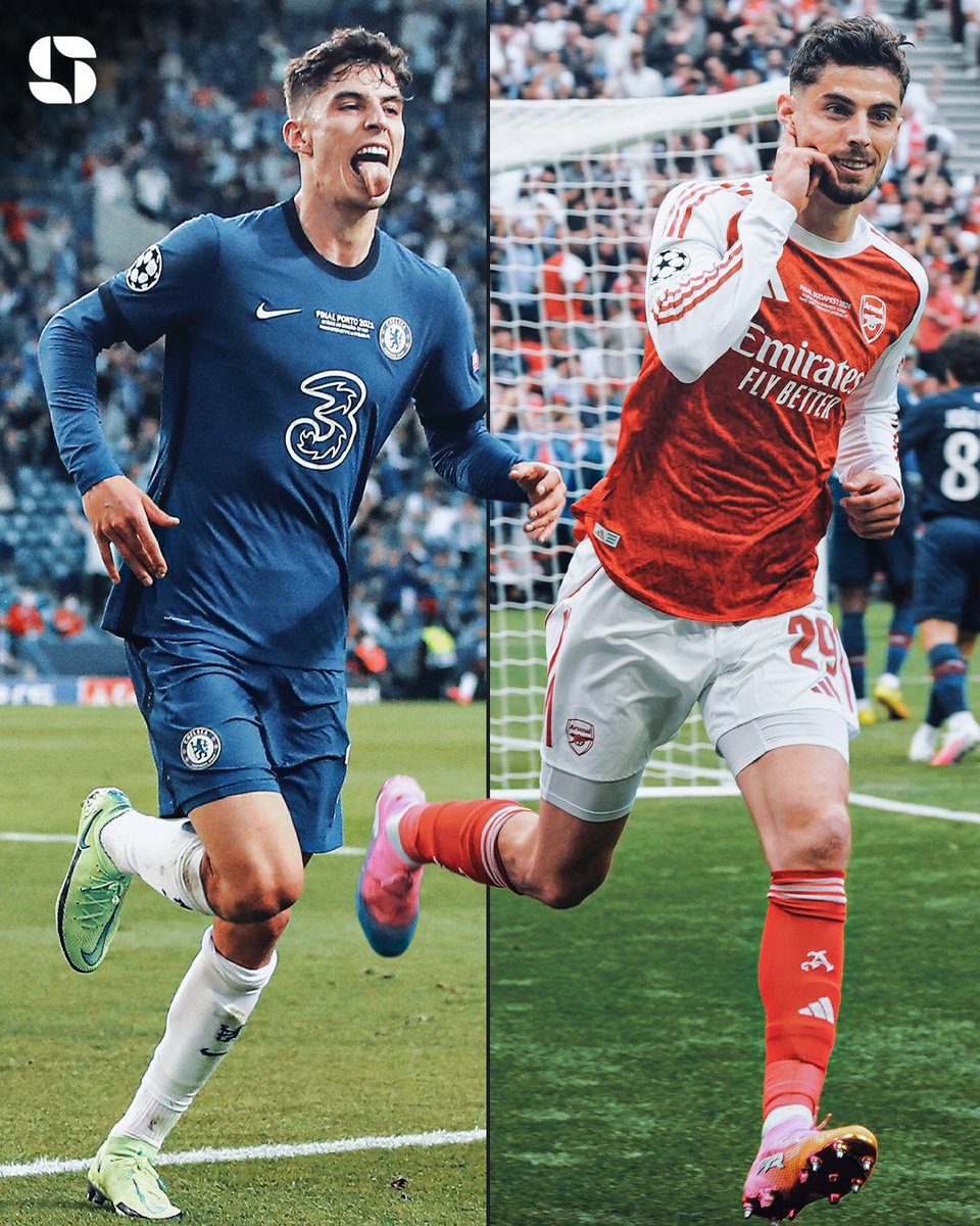 Squawka's tweet photo. Kai Havertz is the first ever player to score for two different English sides in a European Cup/Champions League final.

◎ vs. Man City for Chelsea
◉ vs. PSG for Arsenal

2021 🤝 2026 https://t.co/Tdj4BrxUPe